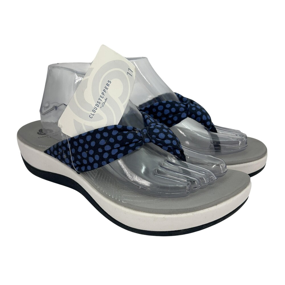 Clarks Cloudsteppers Sandals Shoes Womens Size 11 Blue Thong Wedge Polka Dot